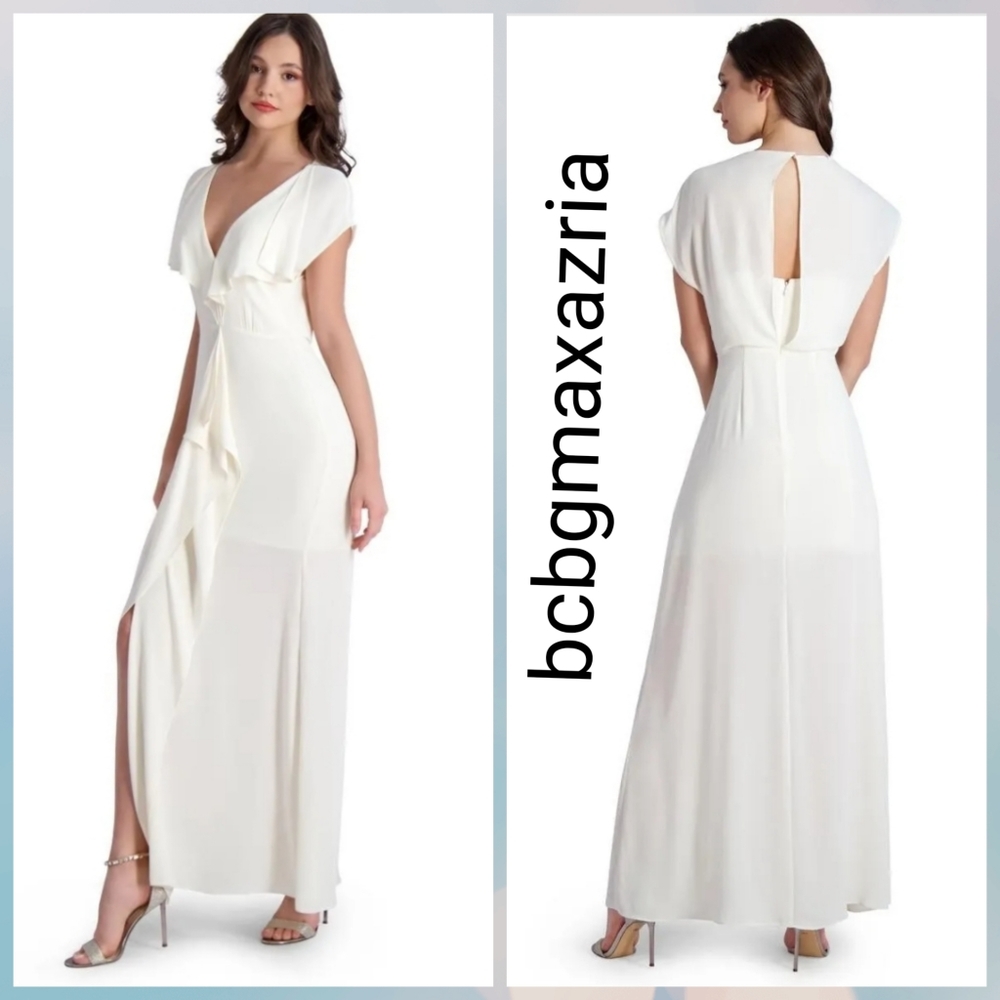 New BCBG MAXAZRIA  Ruffle Cascade V-Neck Front Slit Gown MSRP $298 Col GARDENIA